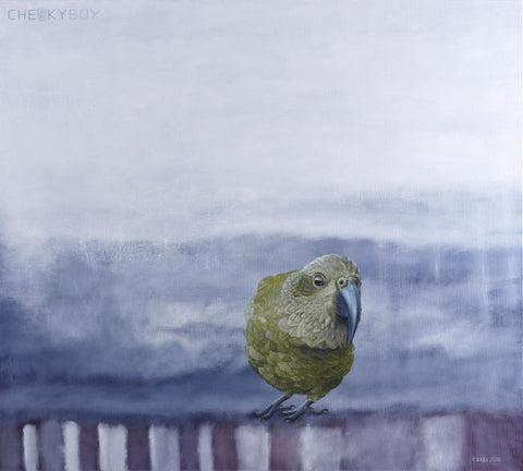 Painting of a Kea bird with an abstract background by New Zealand Artist Tony  Cribb.  The creator of The Adventures of Tin Man.