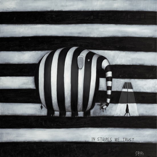 In stripes we trust.  A painting by New Zealand artist Tony Cribb.  Elephant.  Black and white stripes.