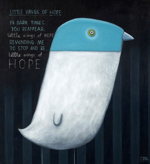 Little wings of hope.  A painting by New Zealand artist Tony Cribb.  Poem.  Bird.  Wax eye. Tauhou.