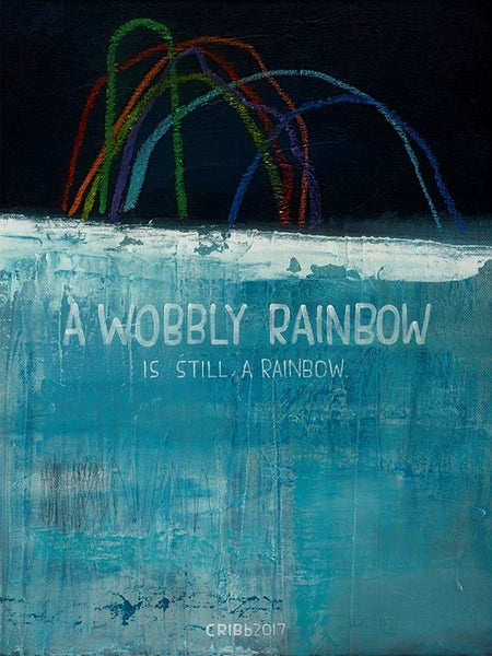 A wobbly Rainbow.  Painting by New Zealand Artist Tony Cribb.  Rainbow painting.  A wobbly rainbow is still a rainbow.